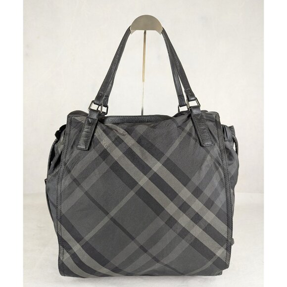 Auth BURBERRY Black/Gray Supernova Check Nylon Buckleigh Tote Bag - Picture 1 of 12
